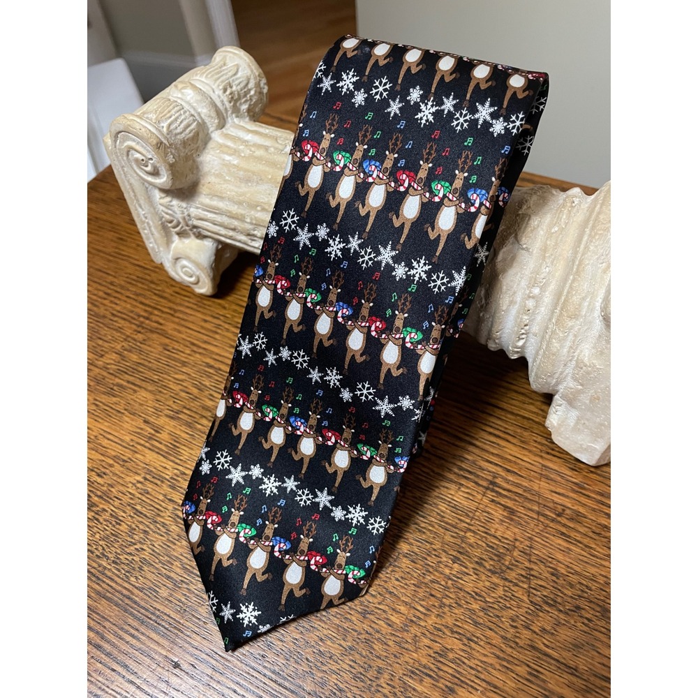 Holiday Traditions Reindeer Flute Player Chistmas Black Silk Tie Men Handmade **